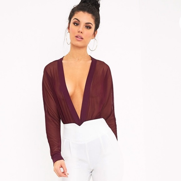 PrettyLittleThing Wine Mesh Plunge Thong Bodysuit - Picture 2 of 10